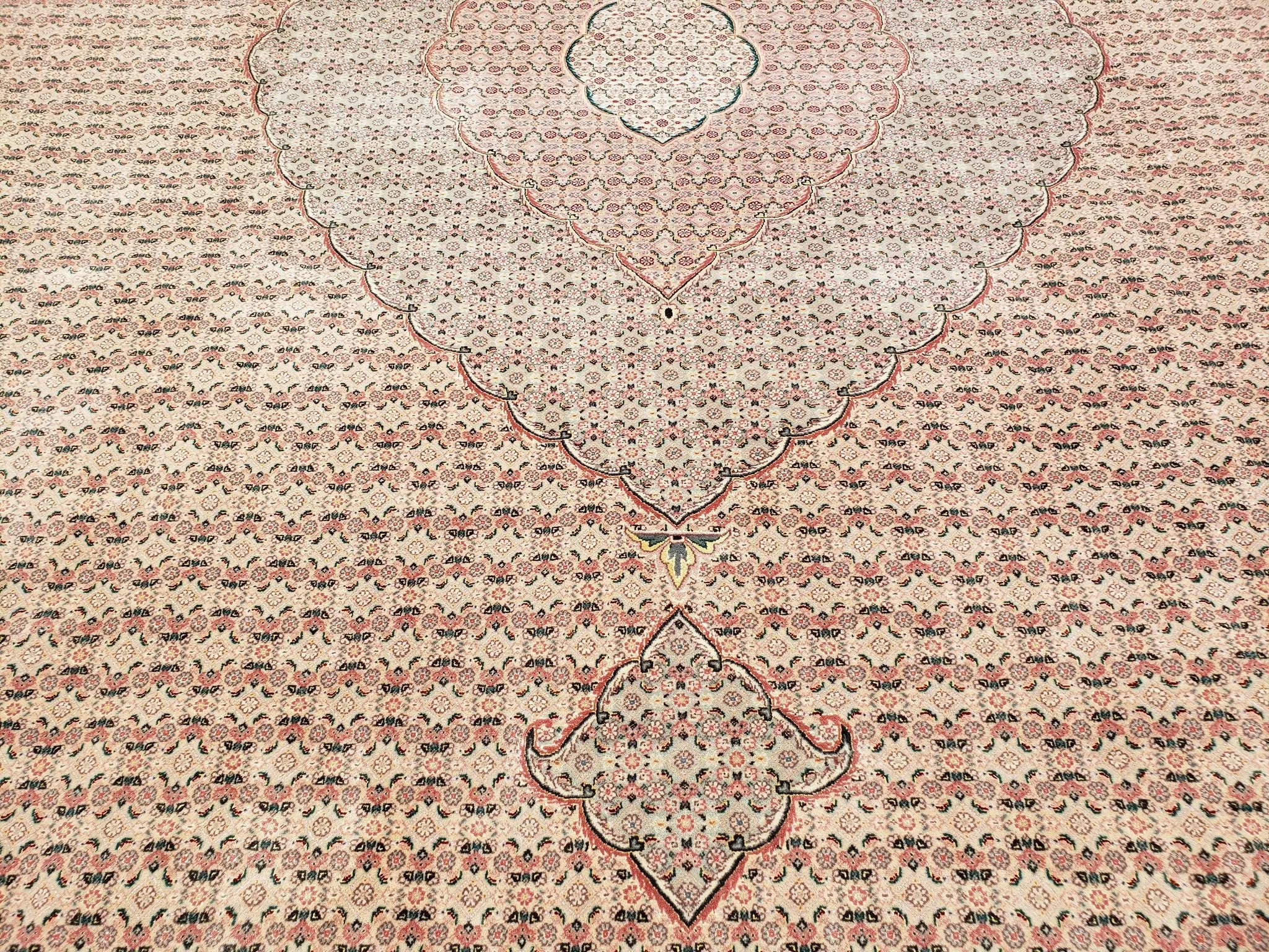 Stunning Oversized Pak Persian Oriental Rug 12x15, Hand Knotted Wool & Silk Palace Sized Carpet, Mahi Pattern, Very Fine, Peach Beige, Wow by Jewel Rugs