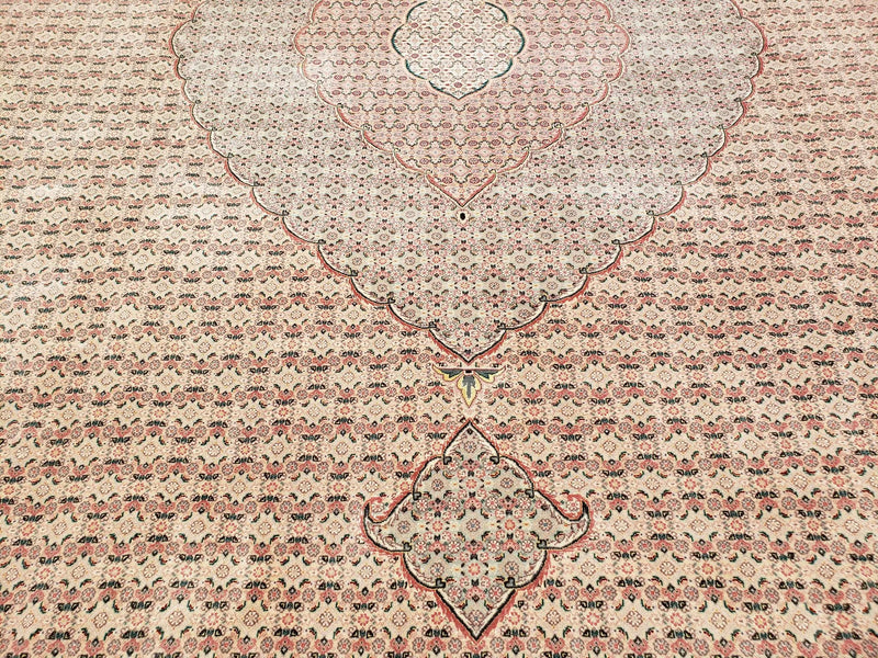 Stunning Oversized Pak Persian Oriental Rug 12x15, Hand Knotted Wool & Silk Palace Sized Carpet, Mahi Pattern, Very Fine, Peach Beige, Wow by Jewel Rugs