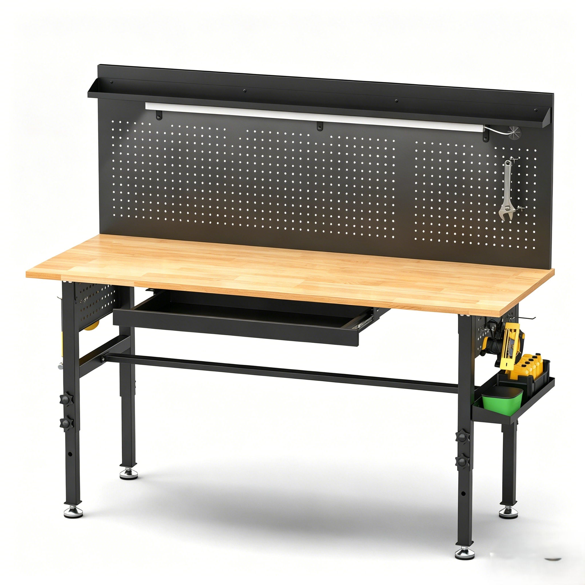 Adjustable Height Workbench, Includes Drawers, Power Outlet, LED Light, Wheels Or Leveling Feet - Black by HouseOfZazla