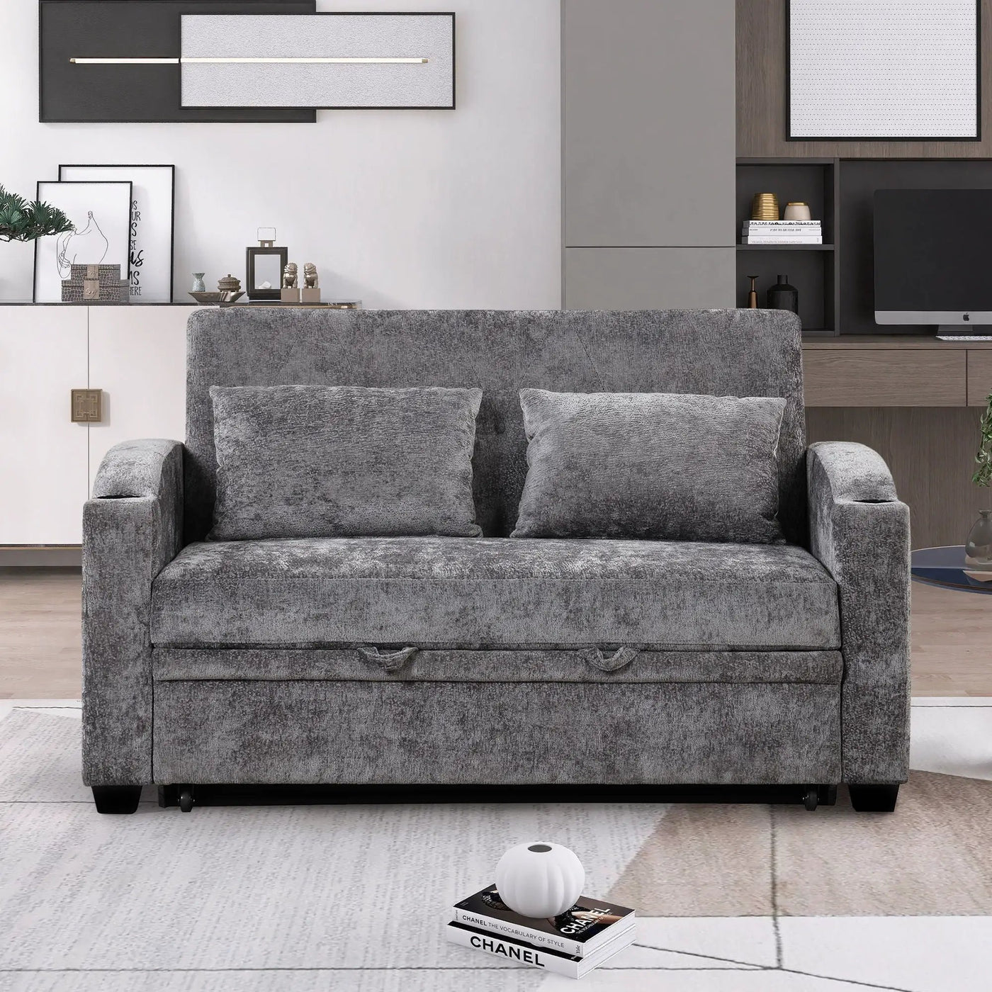 Pull Out Loveseat Sofa With Adjsutable Backrest, 2 Pillows, Cup Holders, USB Ports For Living Room by HouseOfZazla