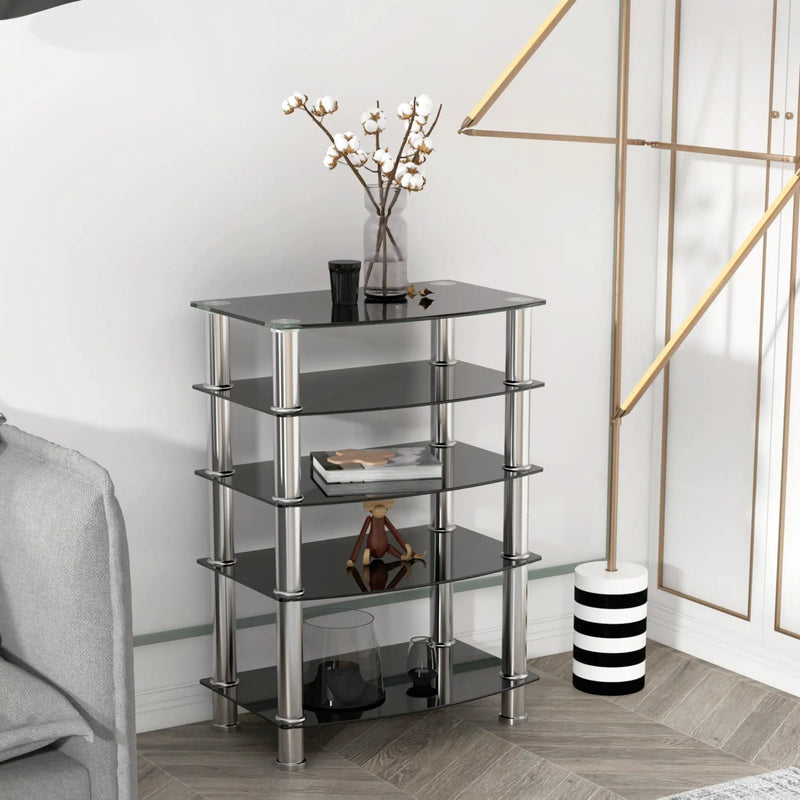 5 Tier Tempered Glass Side Table, Stainless Steel Frame End Table For Living Room, Bedroom - Black by Unique Piece Furniture