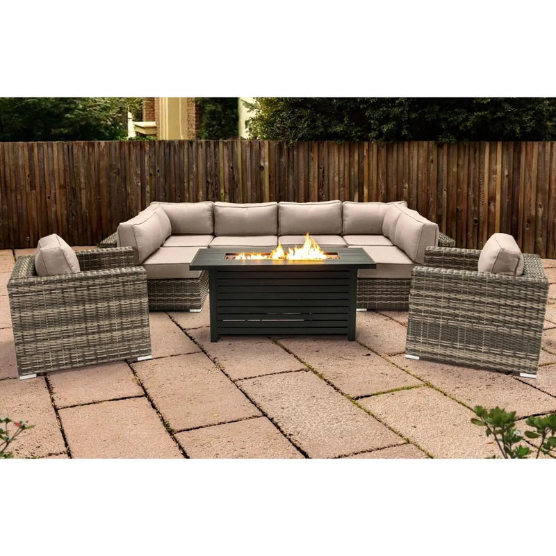 9 Piece Outdoor Sectional Set With Fire Pit Table And Cushions - Beige by HouseOfZazla