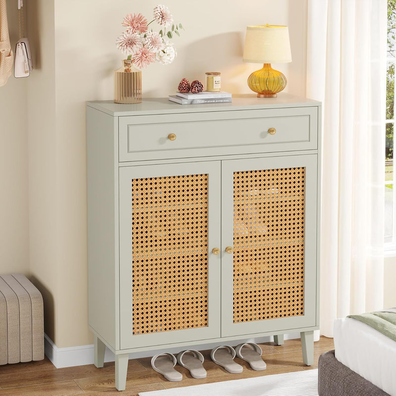 Shoe Cabinet With Rattan Doors And Drawer, 4 Tier Storage Organizer - Mint Green by HouseOfZazla