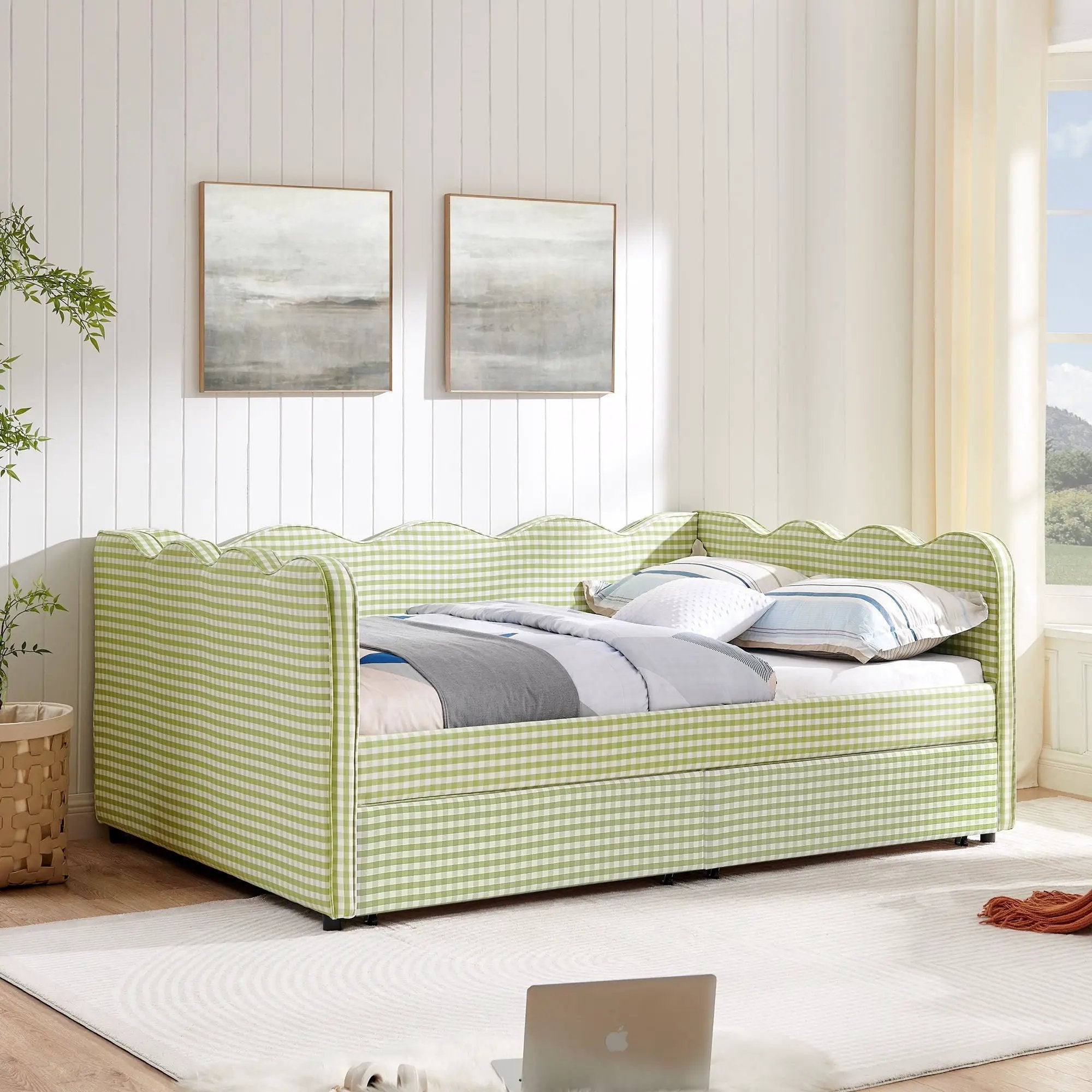 Gingham Daybed With USB Charging Port, Wave-Shaped Design by HouseOfZazla