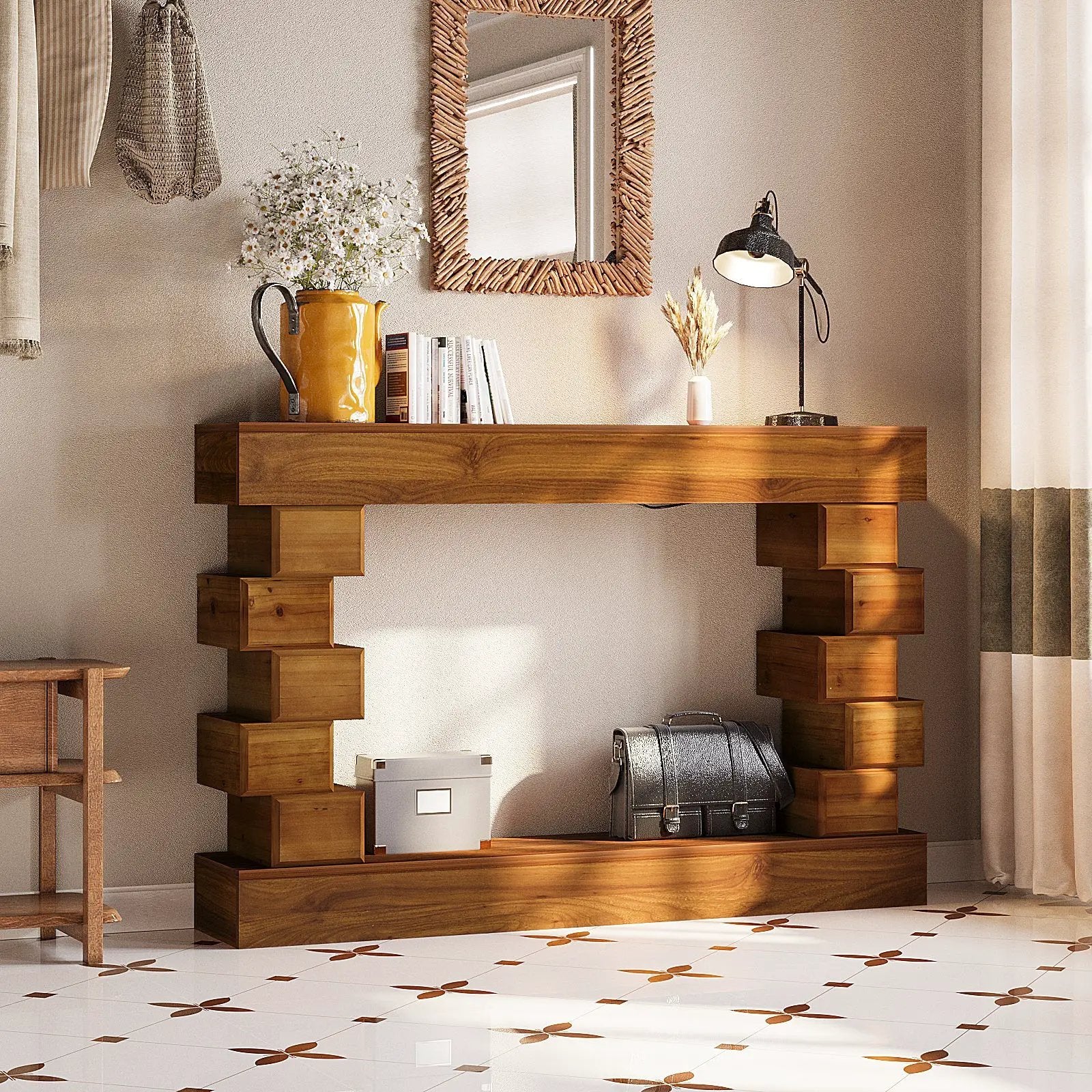 Geometric Block Stacked Wood Console Table by HouseOfZazla