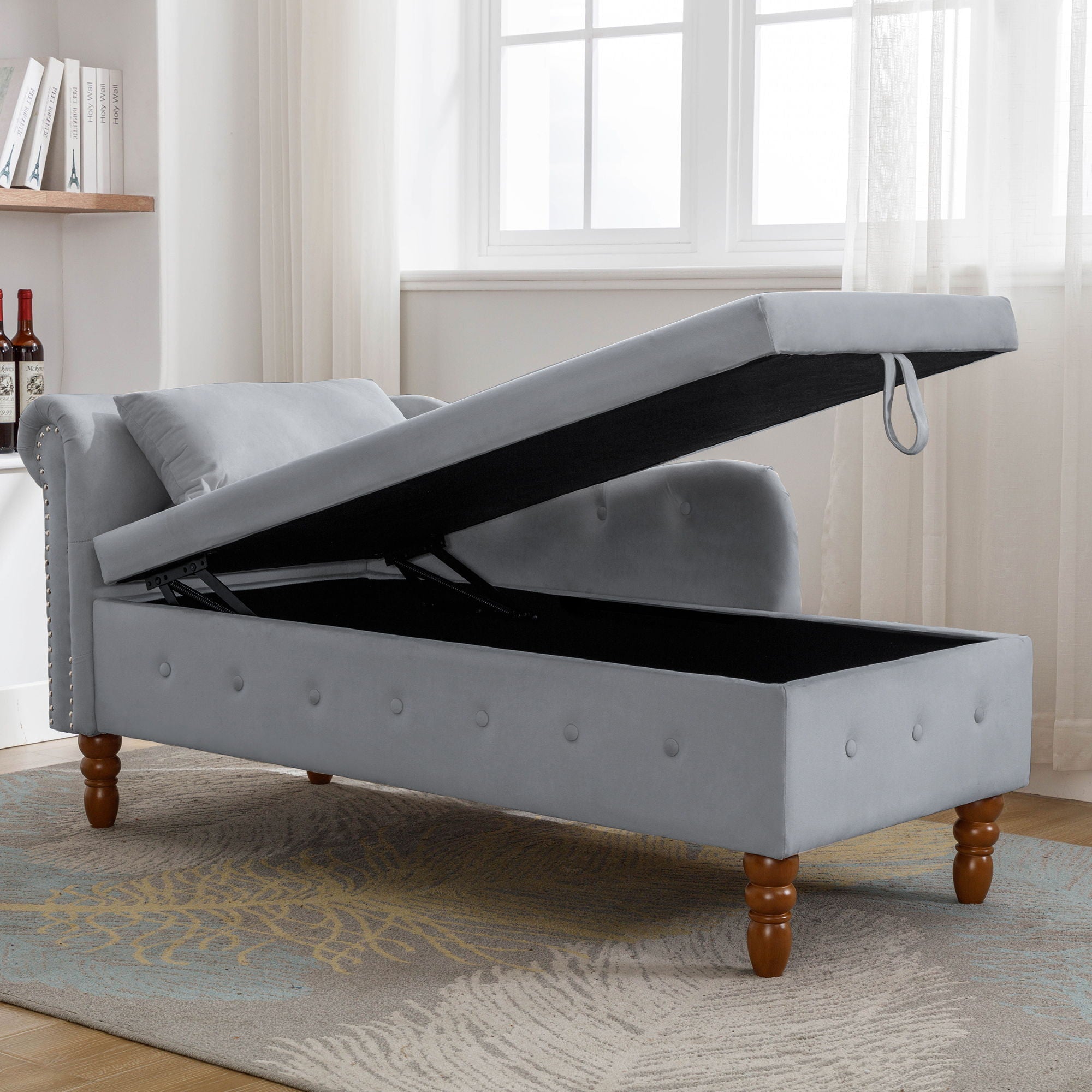 Chaise Lounge Indoor, Lounge Chair For Bedroom With Storage & Pillow, Modern Upholstered Rolled Arm Chase Lounge For Sleeping With Nailhead Trim For Living Room Bedroom Office by HouseOfZazla