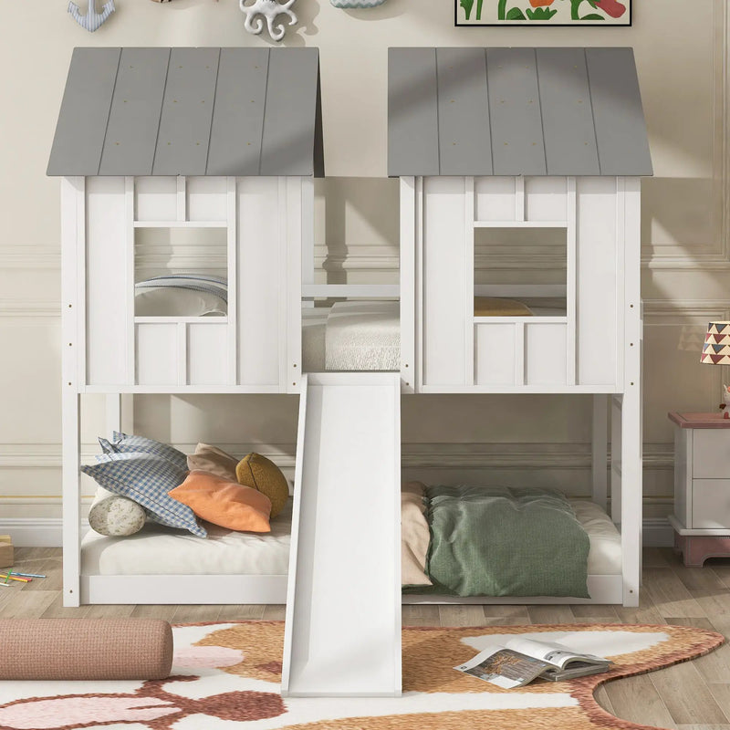 Twin Over Twin House Bunk Bed With Slide And Windows - White / Gray by HouseOfZazla