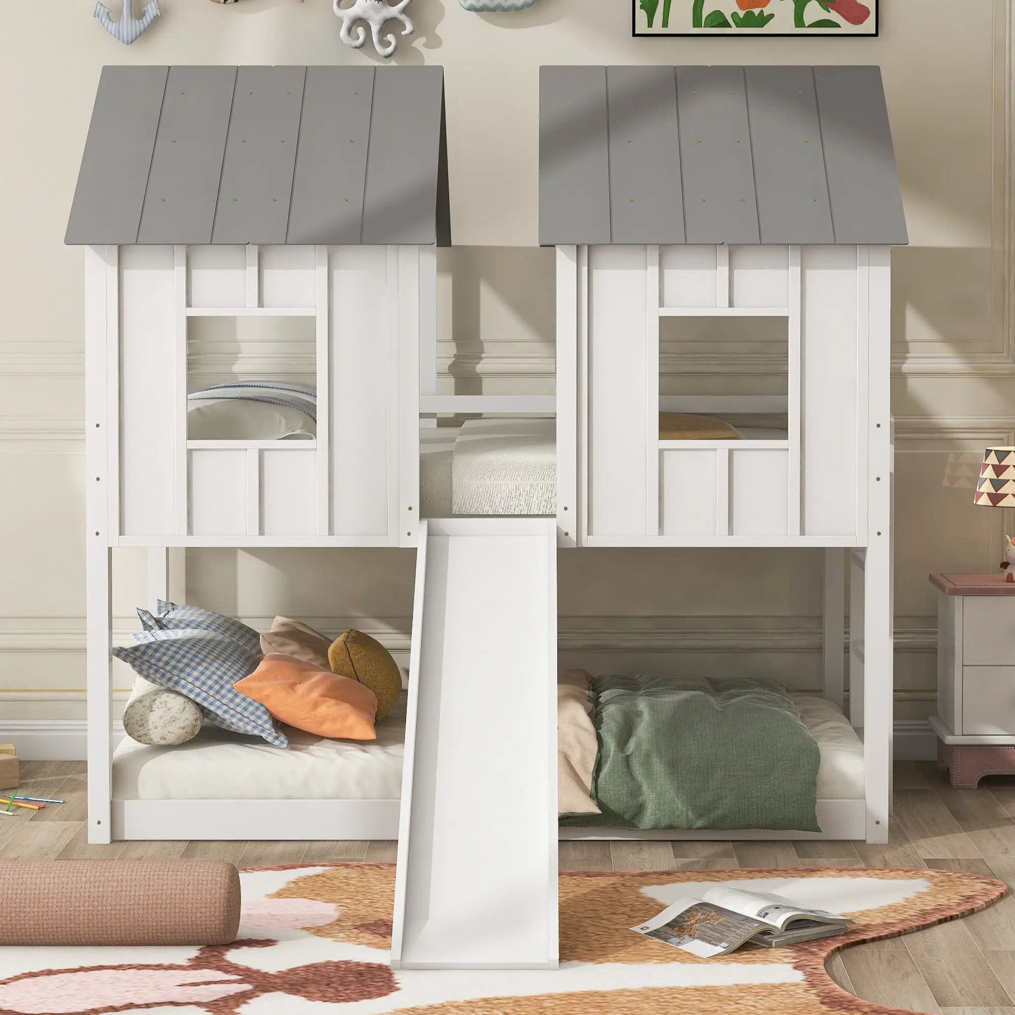 Twin Over Twin House Bunk Bed With Slide And Windows - White / Gray by Unique Piece Furniture