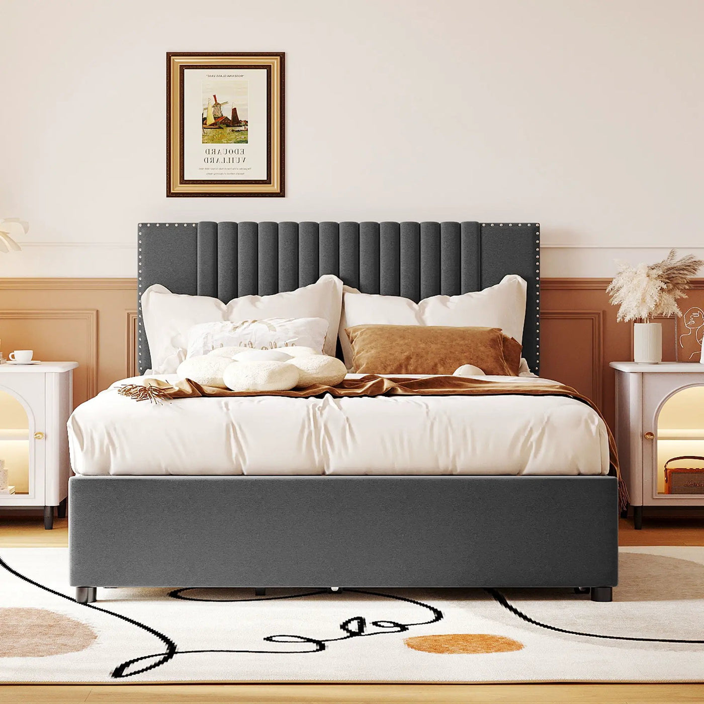 Upholstered Platform Bed With Drawers, Classic Headboard Design by Unique Piece Furniture