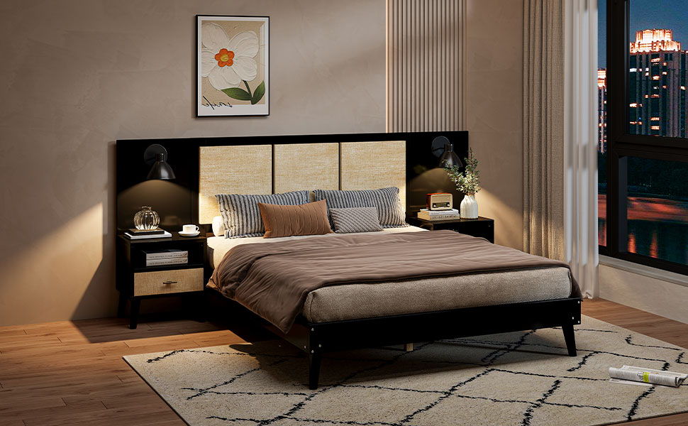 Bed Frame With 2 Nightstands Elegant Design With Lamps by HouseOfZazla