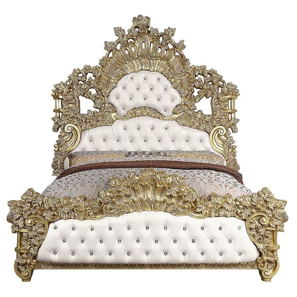 Bernadette - Eastern King Bed - White Synthetic Leather Fabric & Gold by Unique Piece Furniture