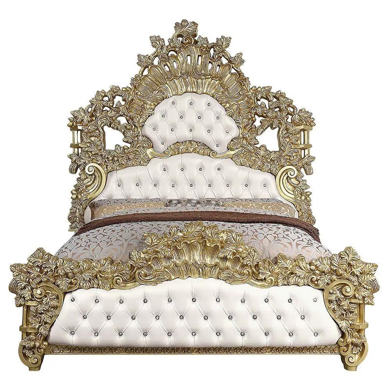 Bernadette - Eastern King Bed - White Synthetic Leather Fabric & Gold by Unique Piece Furniture