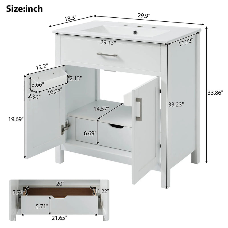 30-Inch Bathroom Vanity with Ceramic Sink and Ample Storage by HouseOfZazla