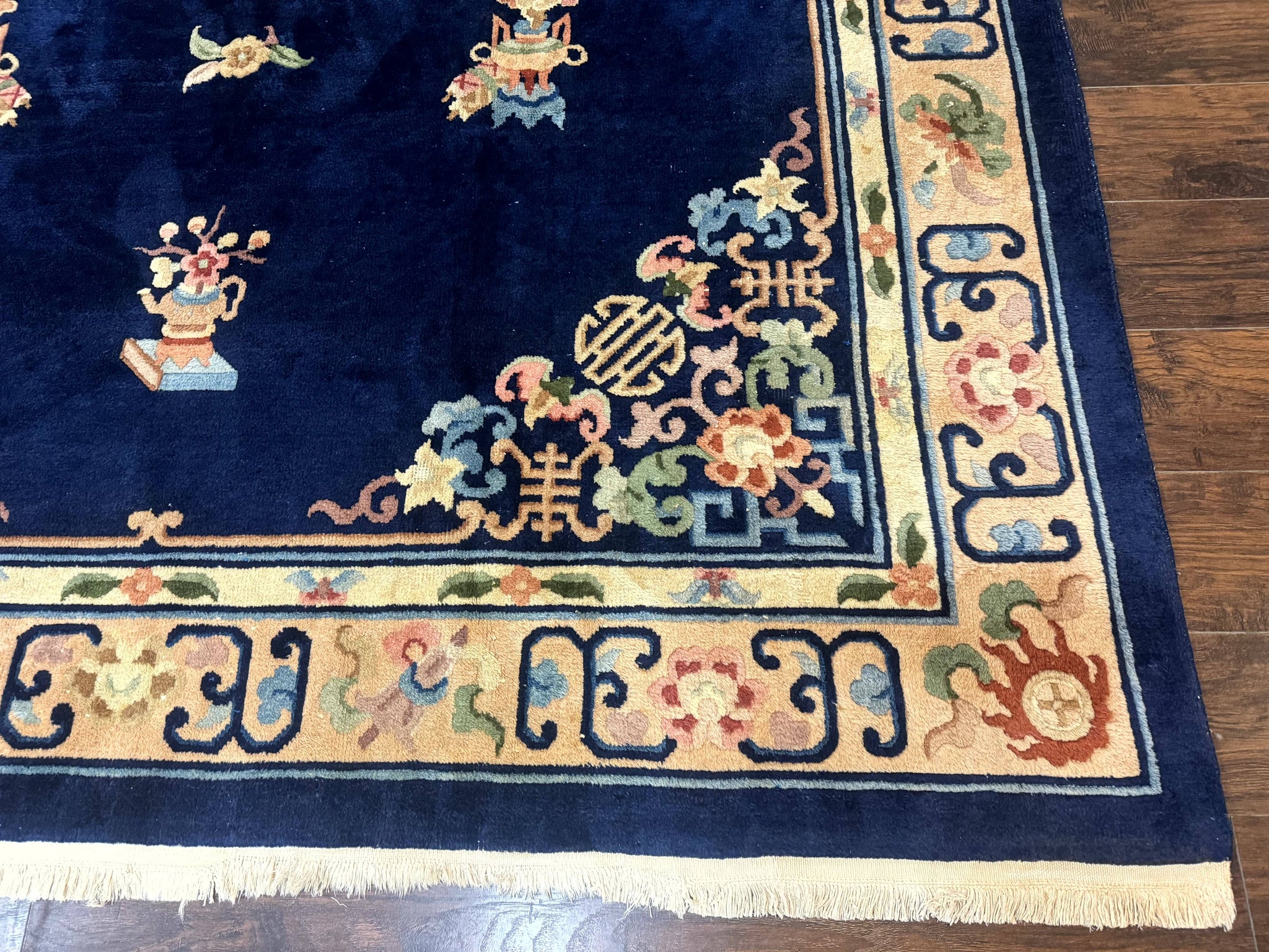 Chinese Wool Rug 8x11, Navy Blue and Beige, Simple Design, Fete Carpet by Jewel Rugs