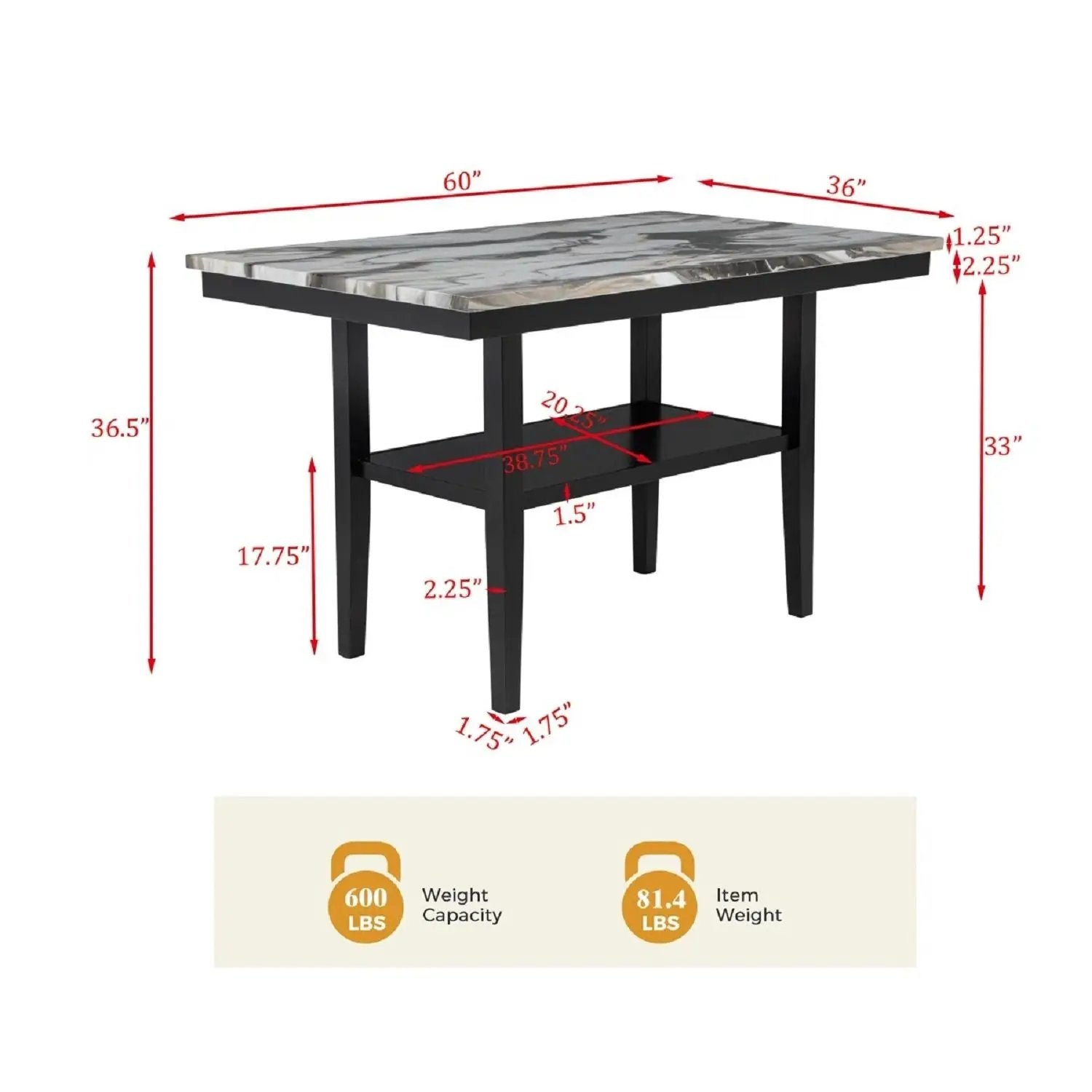Counter Dining Table With Storage Bottom Shelf For Kitchen - Black by Unique Piece Furniture