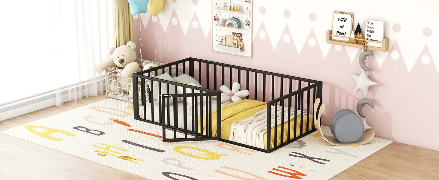 Metal Floor Bed Frame With Fence And Door by HouseOfZazla