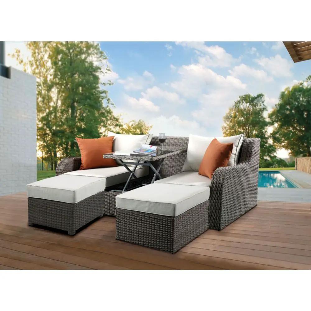 Salena - Patio Sofa With 2 Pillows & 2 Ottomans - Beige Fabric & Gray Wicker by Unique Piece Furniture