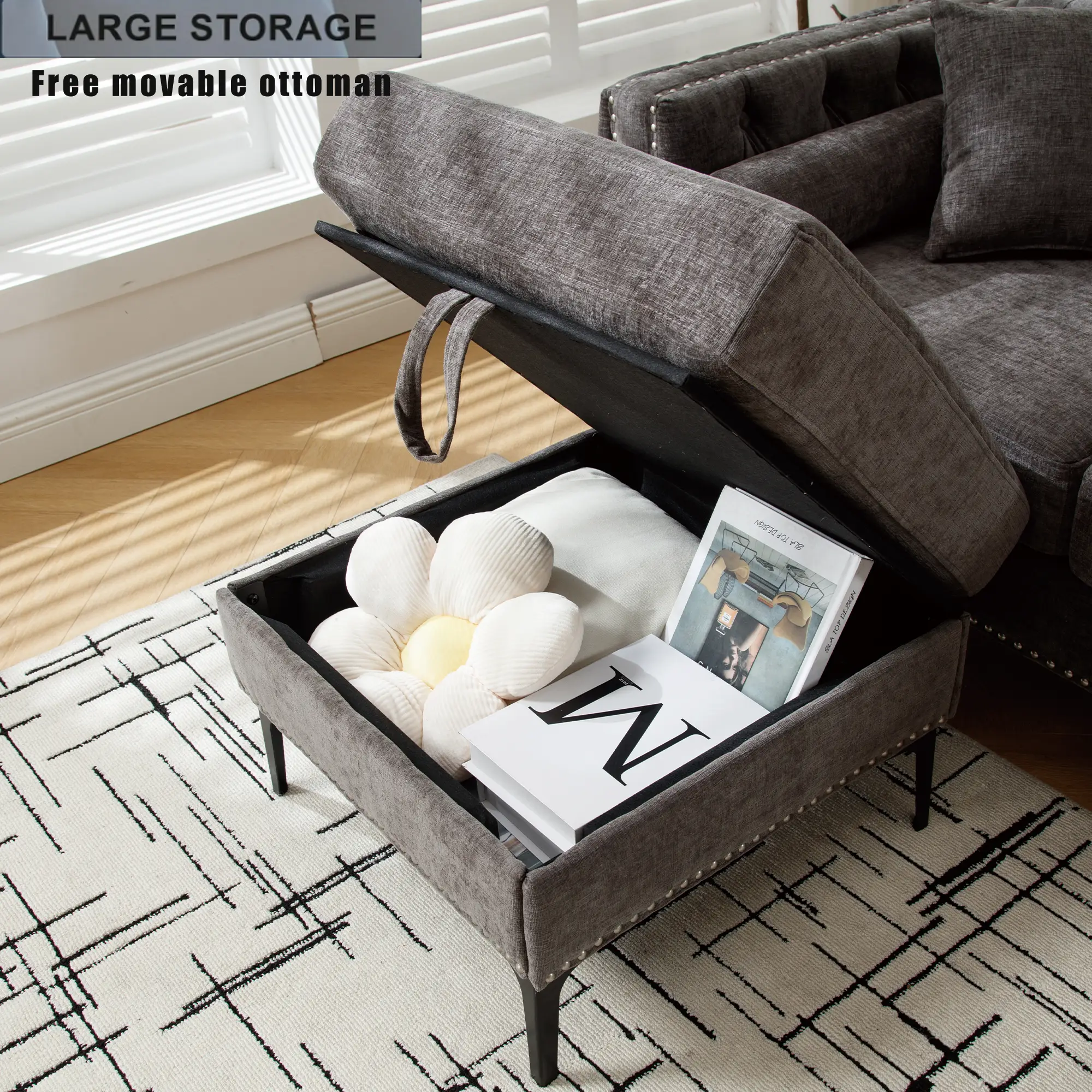 L Shaped Sectional Convertible Sofa with Storage Ottoman and Modern Tufted style by BLAKHOM
