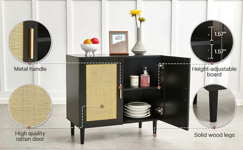 Side Panel Buffet Cabinet With Natural Rattan Door, Rattan Storage Cabinet With Adjustable Shelves, Side Panel And Buffet With Storage Space, Modern Console Cabinet In Bedroom And Living Room - Black / Beige by HouseOfZazla