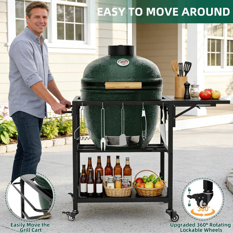 Outdoor Grill Table, Prep Cart With Wheels, Storage Shelf And Hooks - Black by HouseOfZazla