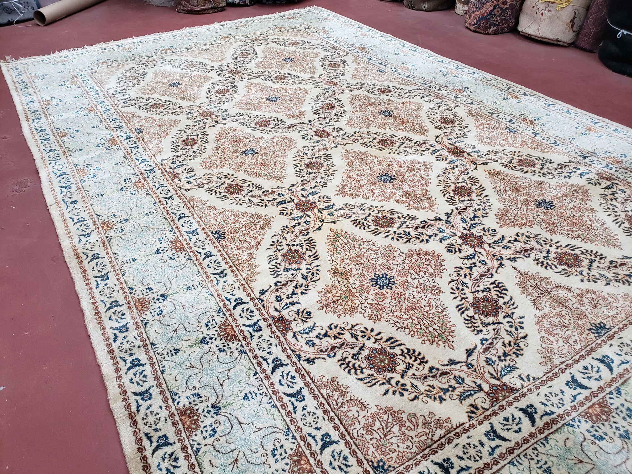 Fine Antique Persian Light Colored Kashan Carpet, 7x12, Top Quality, Rare, Ivory & Blues, Hand-Knotted, Wool by Jewel Rugs