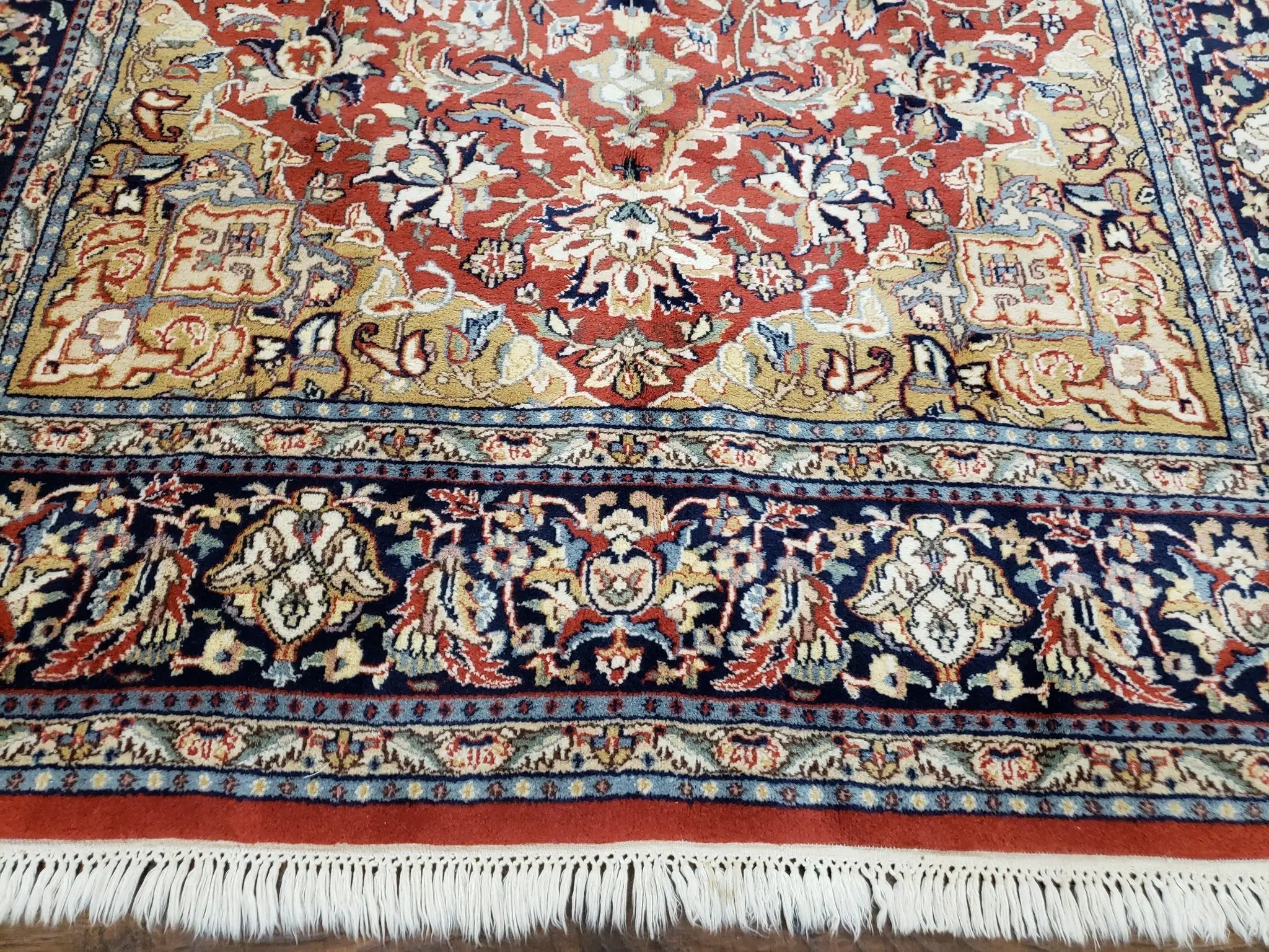 Vintage Indo Persian Oriental Rug 6 x 9.6, Wool Hand-Knotted Red Dark Blue & Gold Indian Carpet, 6 x 9 Office Room Rug, Floral Medallion by Jewel Rugs