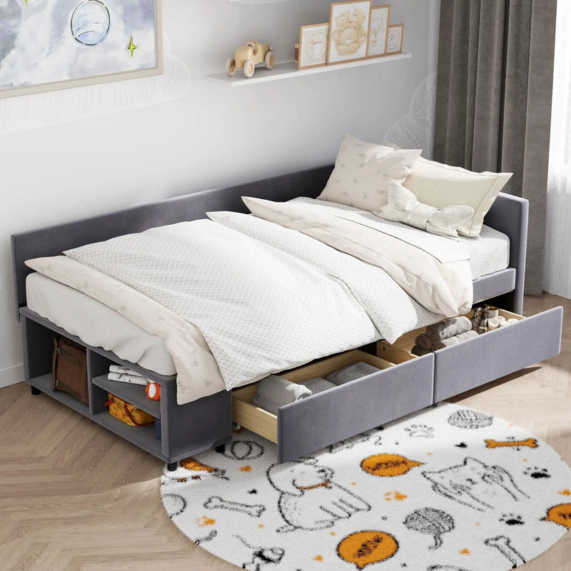 L Shaped Upholstered Platform Bed With Storage And Drawers by Unique Piece Furniture