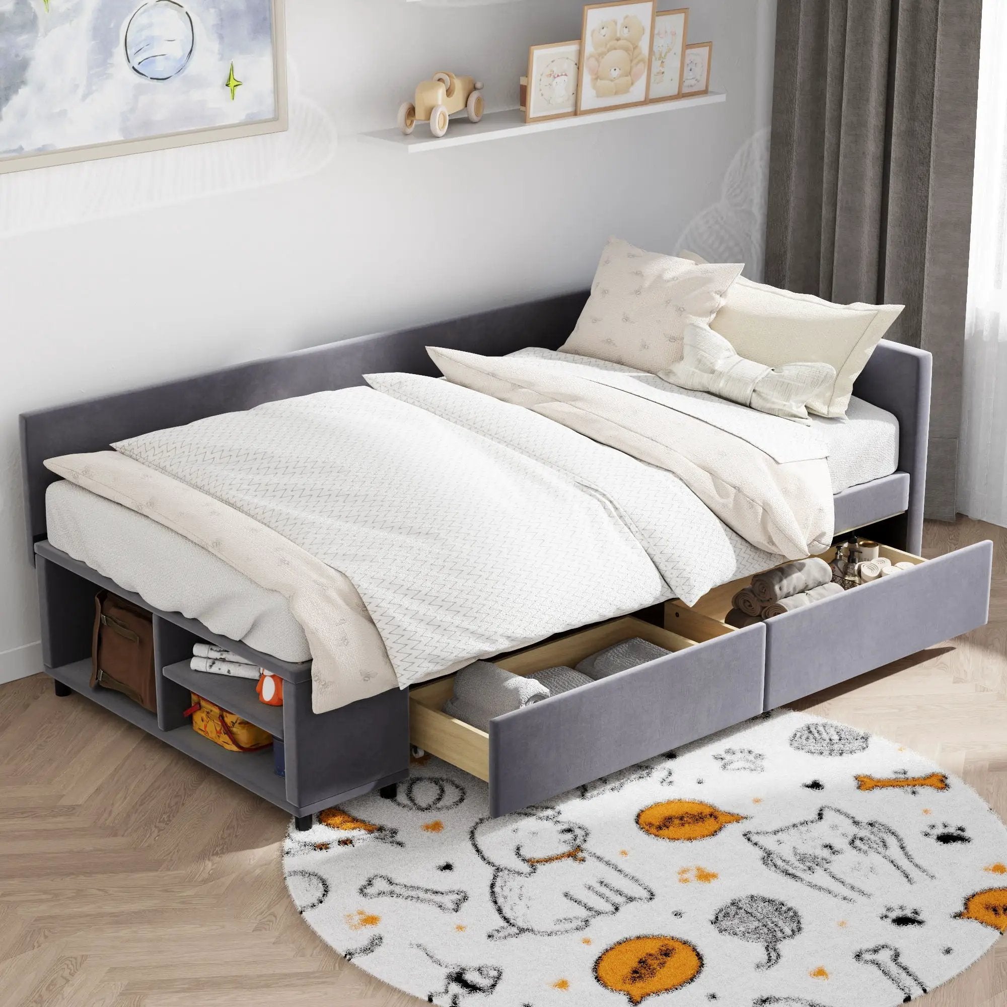 L Shaped Upholstered Platform Bed With Storage And Drawers by HouseOfZazla