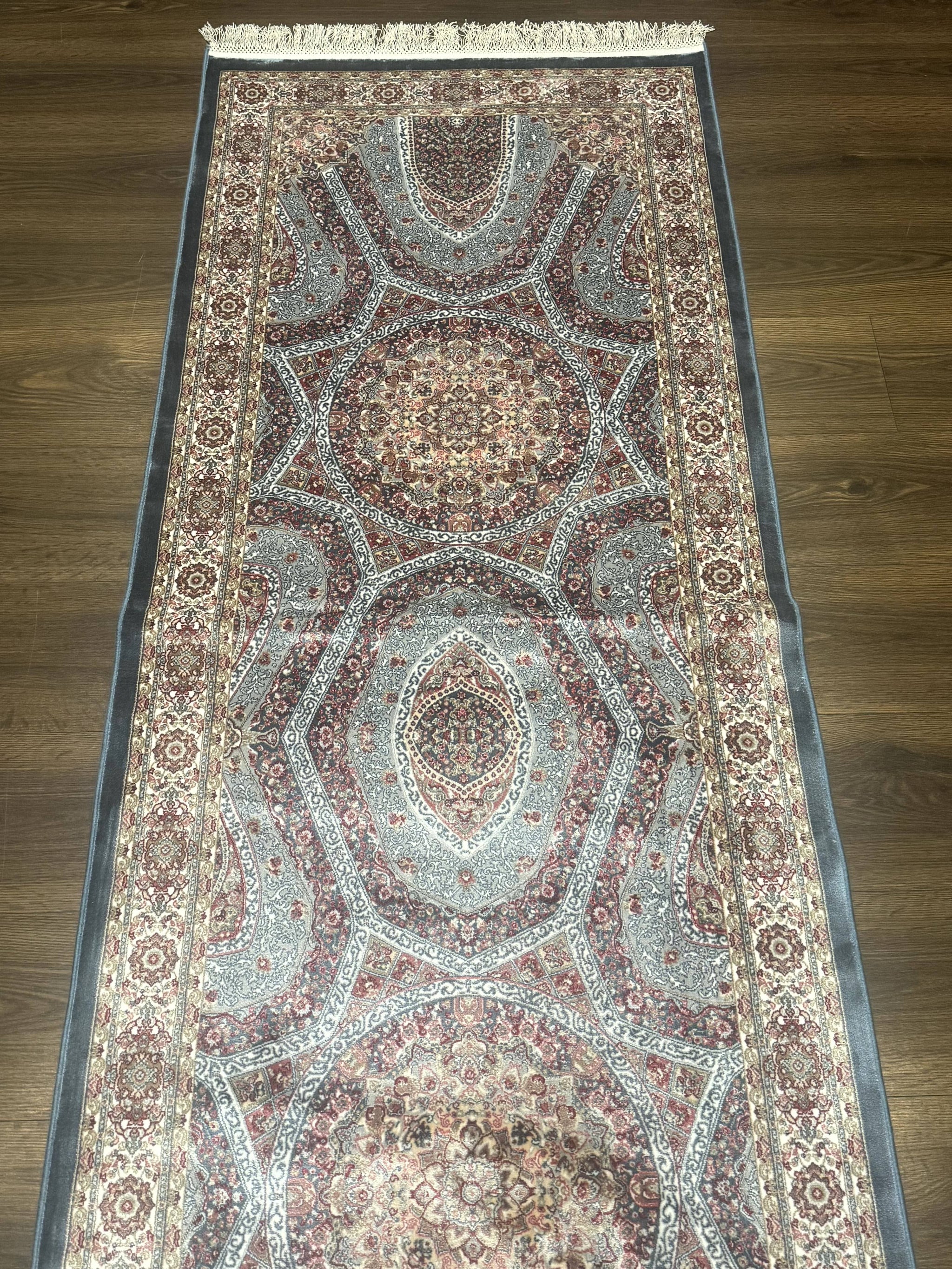 Turkish Silk Runner Rug 2.6 x 13, Blue Runner Rug, Dome Design, Bamboo Silk, New by Jewel Rugs