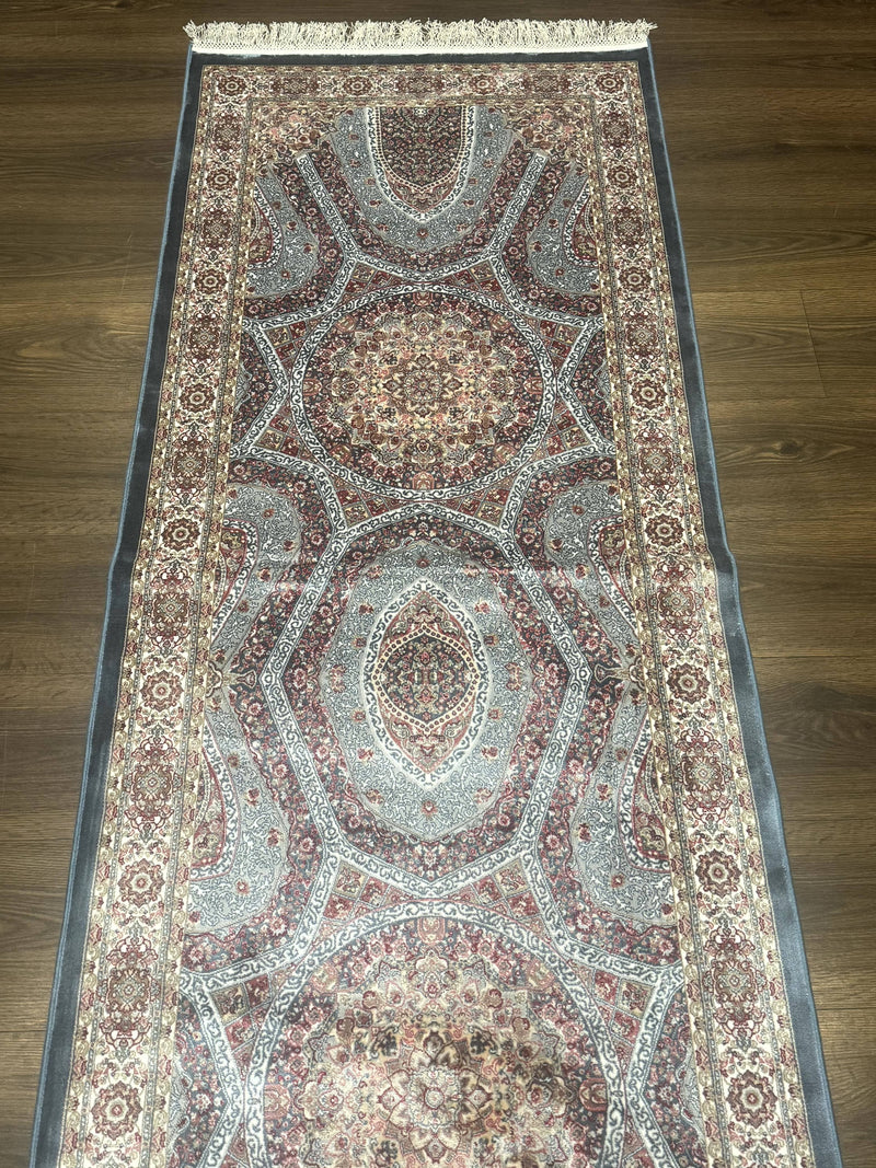 Turkish Silk Runner Rug 2.6 x 13, Blue Runner Rug, Dome Design, Bamboo Silk, New by Jewel Rugs