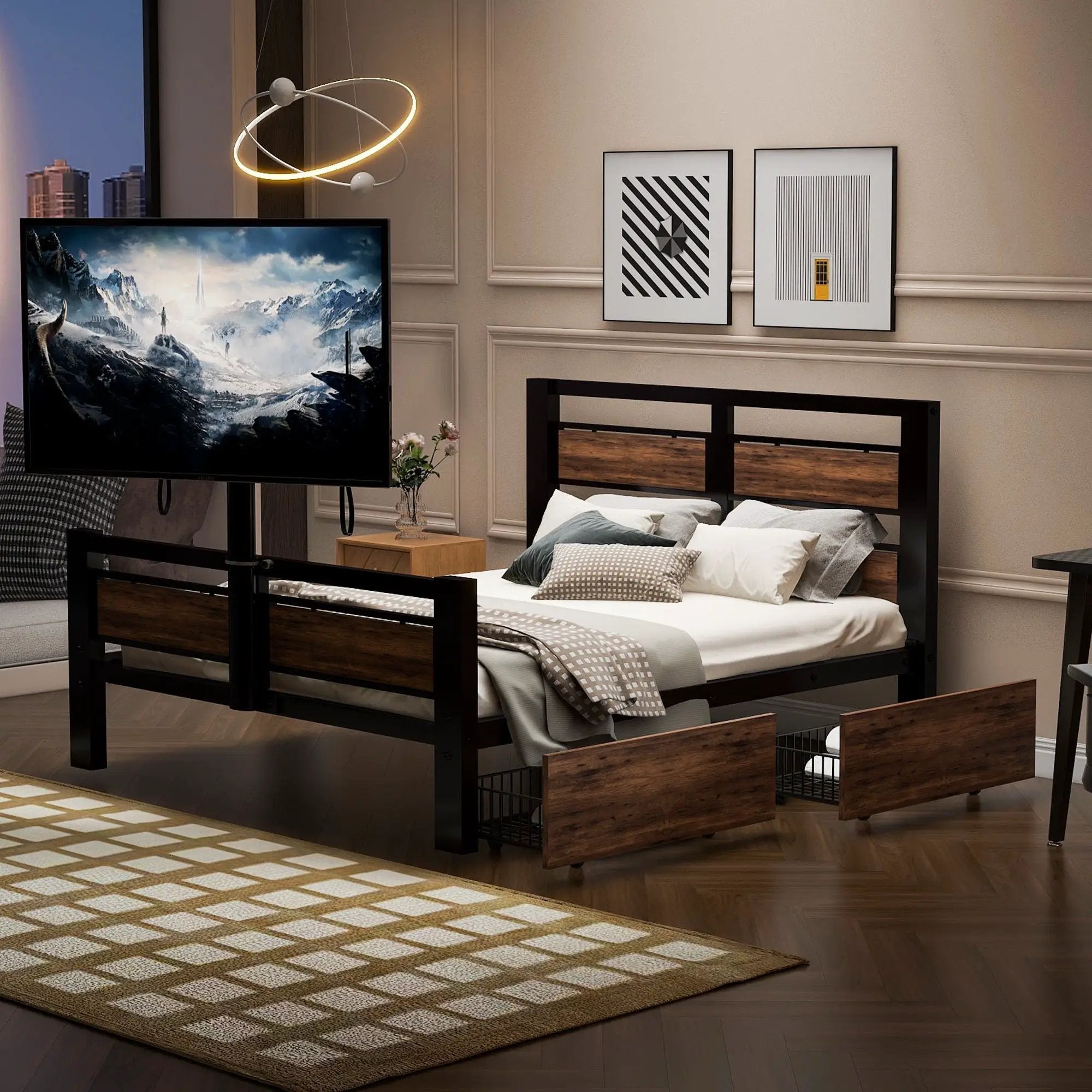 Twin Size Platform Bed With Headboard And Footboard, 2 Storage Drawers And Rotatable TV Stand - Black by HouseOfZazla
