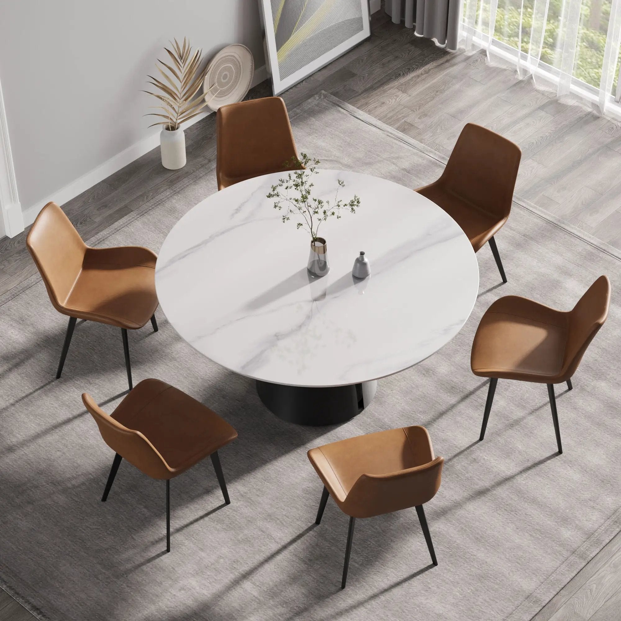 59.05" Modern Artificial Stone Round Carbon Steel Base Dining Table - White / Black by HouseOfZazla