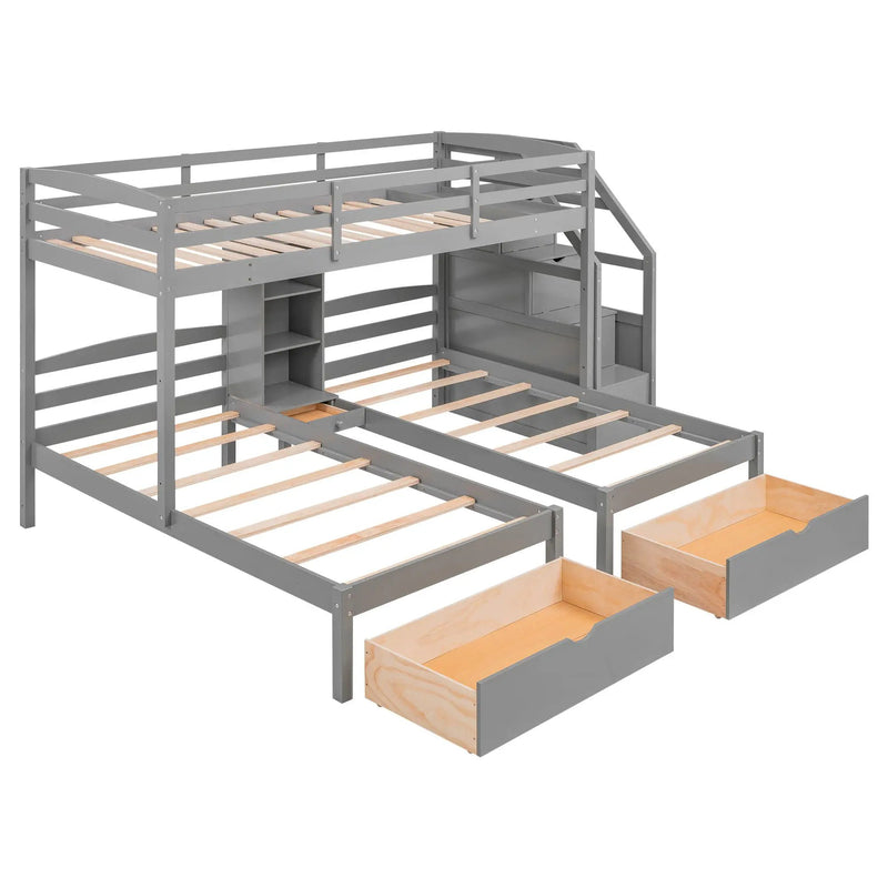 Twin Over Twin & Twin Bunk Bed With Drawers, Staircase Storage, Built In Shelves - Gray by HouseOfZazla
