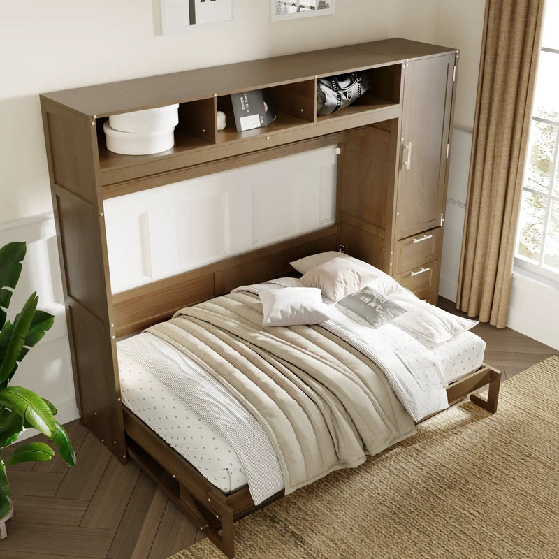 Full Size Murphy Bed With Wardrobe, Drawers, And Open Shelves - Wood by Unique Piece Furniture
