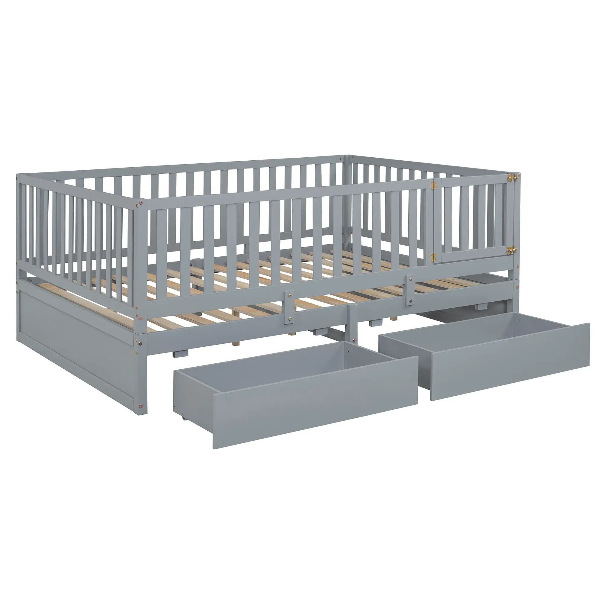 Daybed With Fence Guardrails And 2 Drawers, Split Into Independent Floor Bed & Daybed by HouseOfZazla