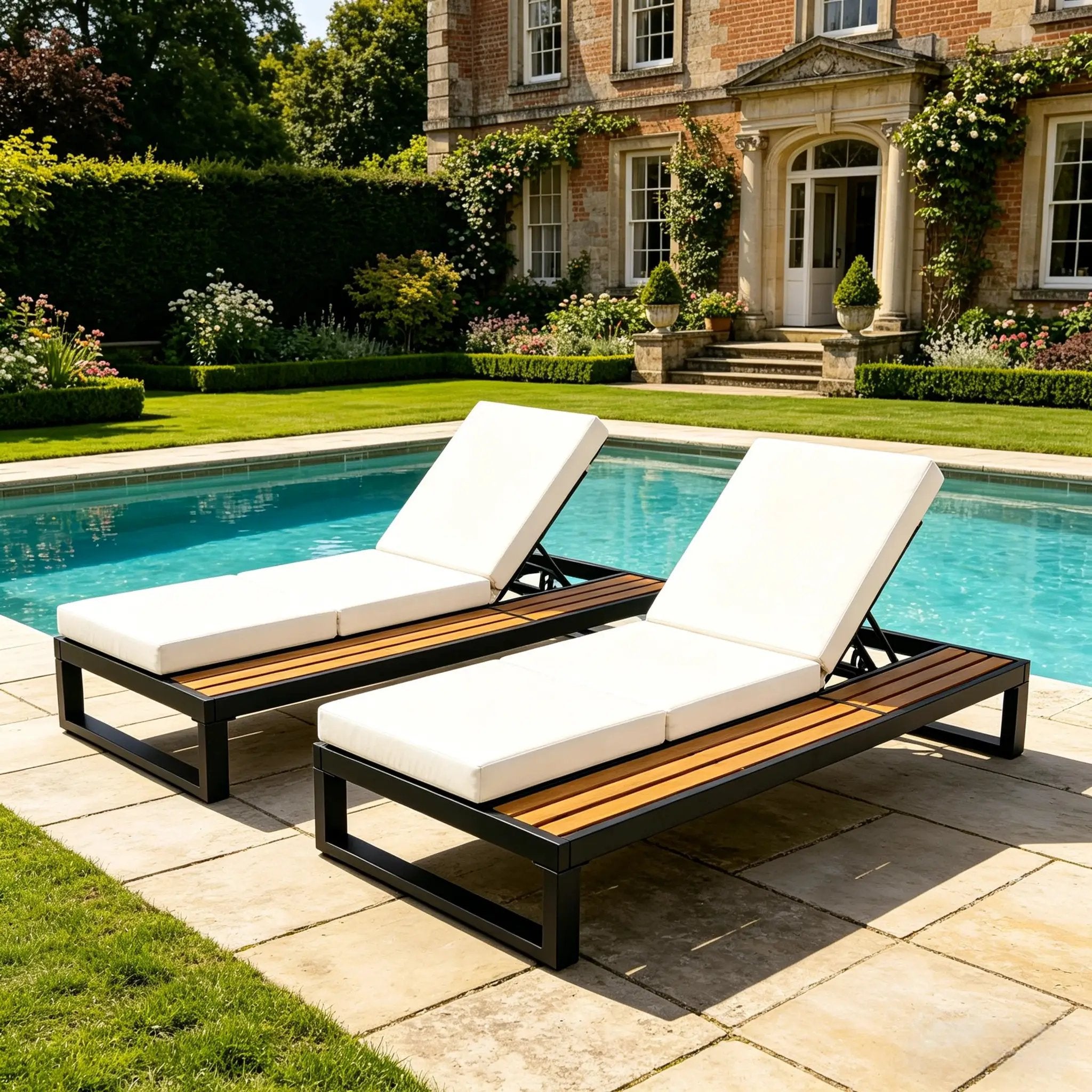 Black Iron & Teak Finish Chaise Lounge Set by HouseOfZazla