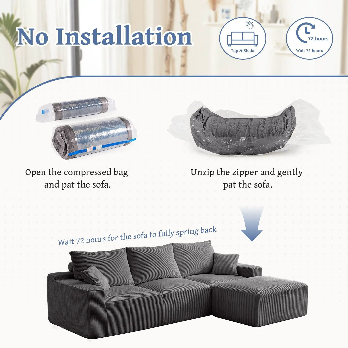 L Shaped Sectional Sofa, Full Compression 3 Seater Cloud Couch With Chaise by Unique Piece Furniture