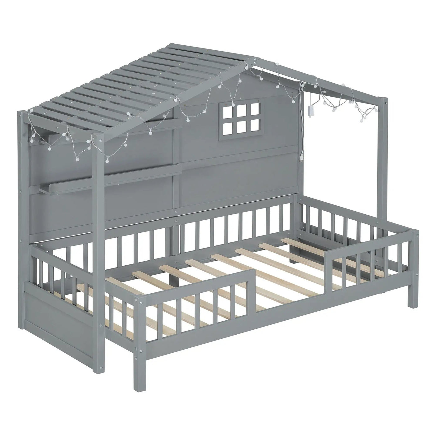 House Bed With Shelves, Window And Sparkling Light Strip On The Roof by Unique Piece Furniture