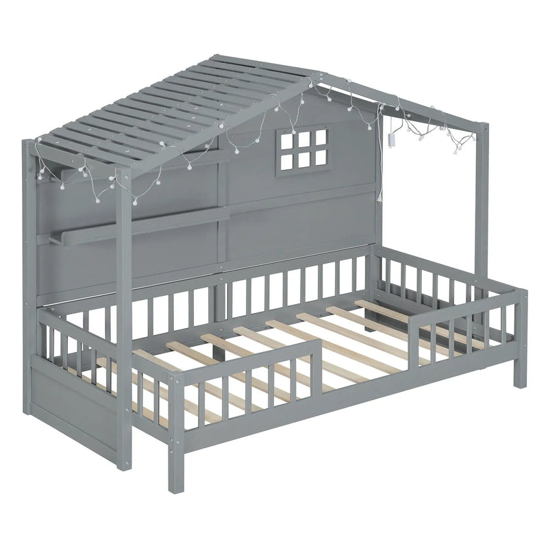 House Bed With Shelves, Window And Sparkling Light Strip On The Roof by Unique Piece Furniture
