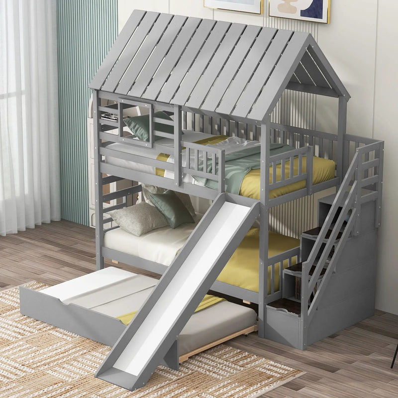 House Bunk Bed With Trundle, Storage Staircase, Roof And Window Design by Unique Piece Furniture