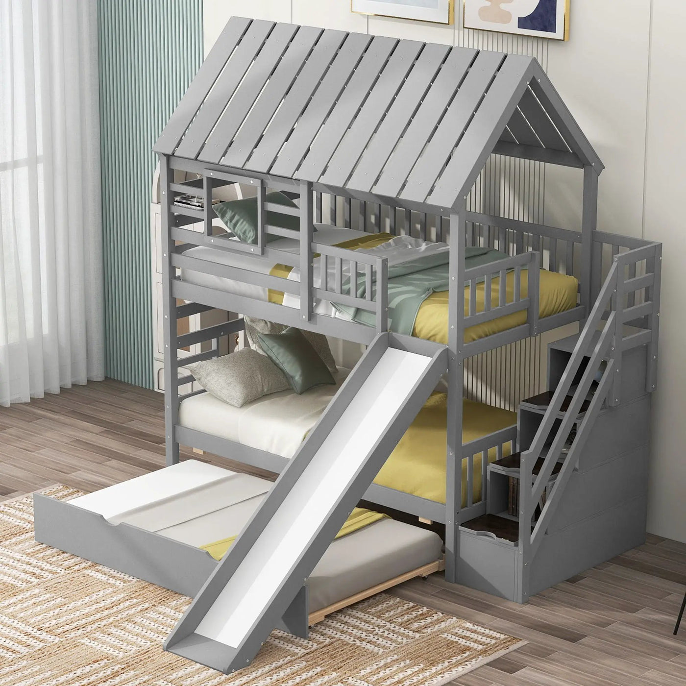 House Bunk Bed With Trundle, Storage Staircase, Roof And Window Design by HouseOfZazla