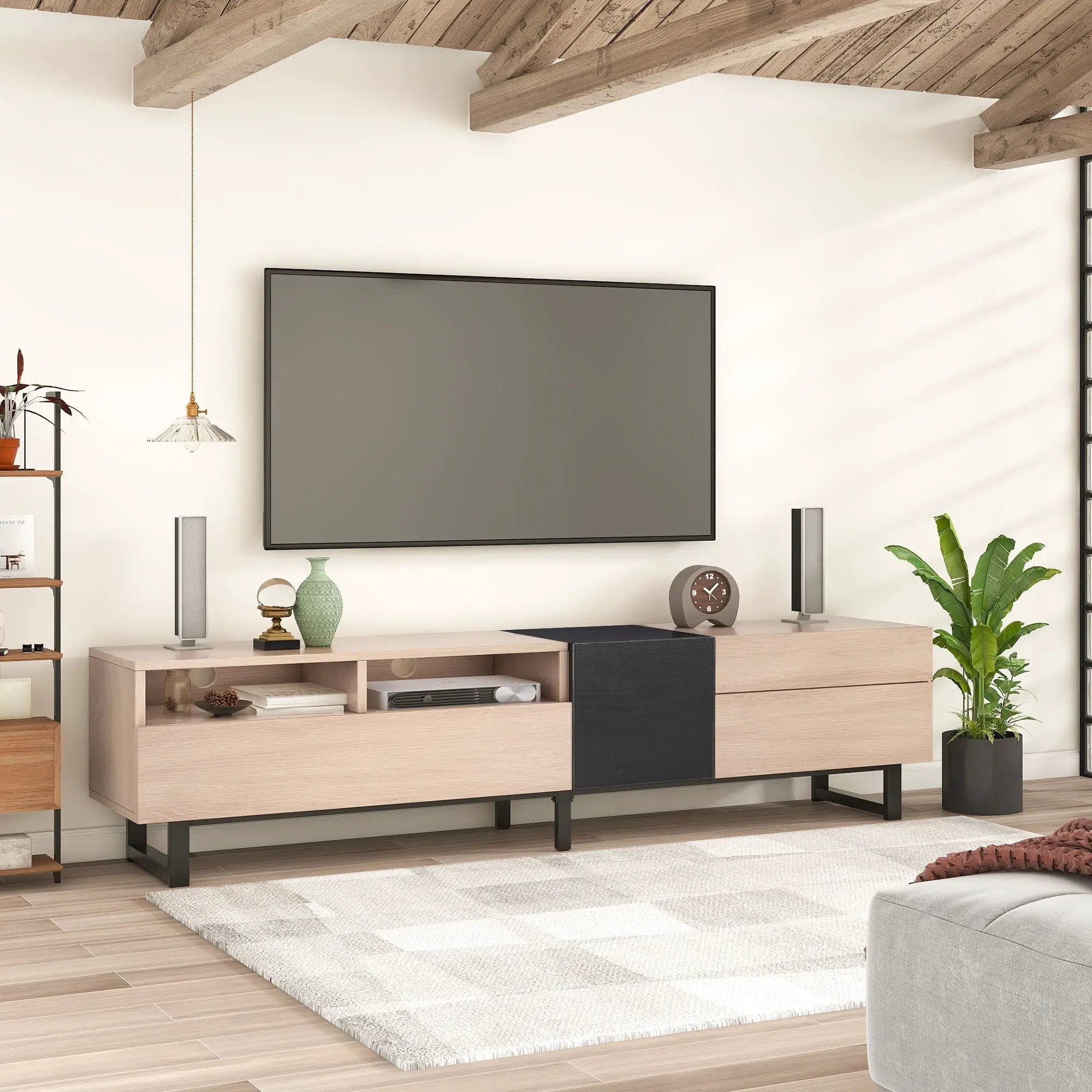TV Stand For 80'' TV With Double Storage Space, Media Console Table With Drop Down Door by Unique Piece Furniture