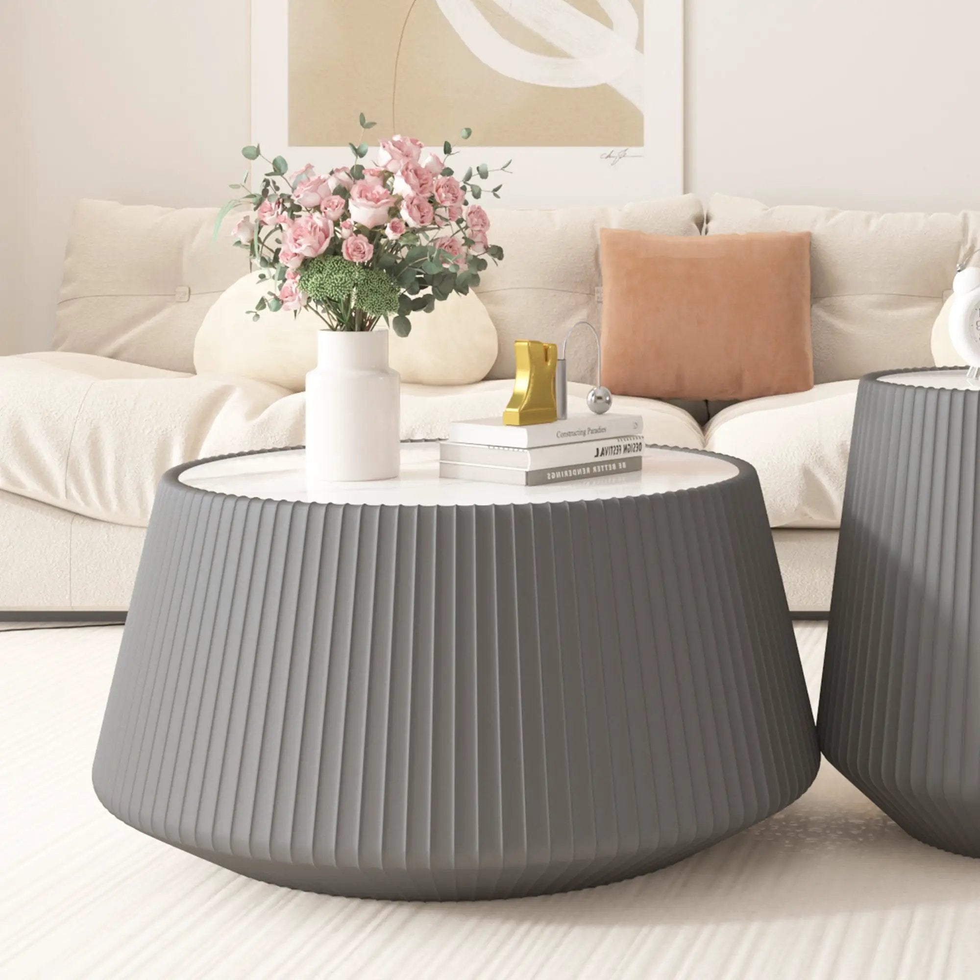 Light Sintered Stone Top Cup Shape Leather Coffee Table by HouseOfZazla