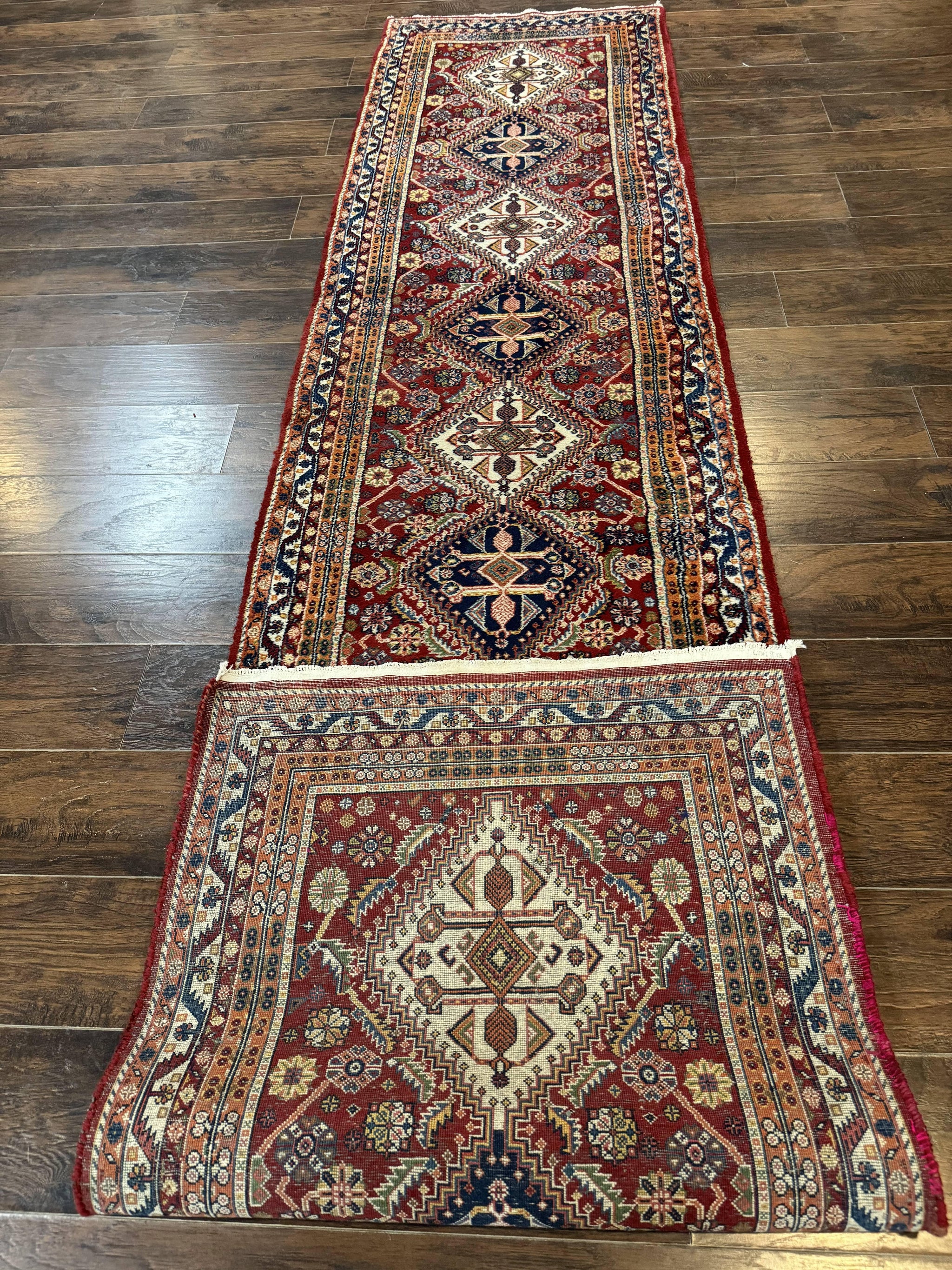 Antique Persian Qashqai Runner Rug 3 x 13 ft, Tribal Runner, Geometric Medallions, Red Ivory Blue, Wool by Jewel Rugs