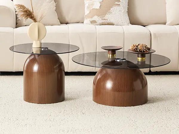 Nesting Coffee Table Set of 2 with Glass Desktop in Walnut by HouseOfZazla
