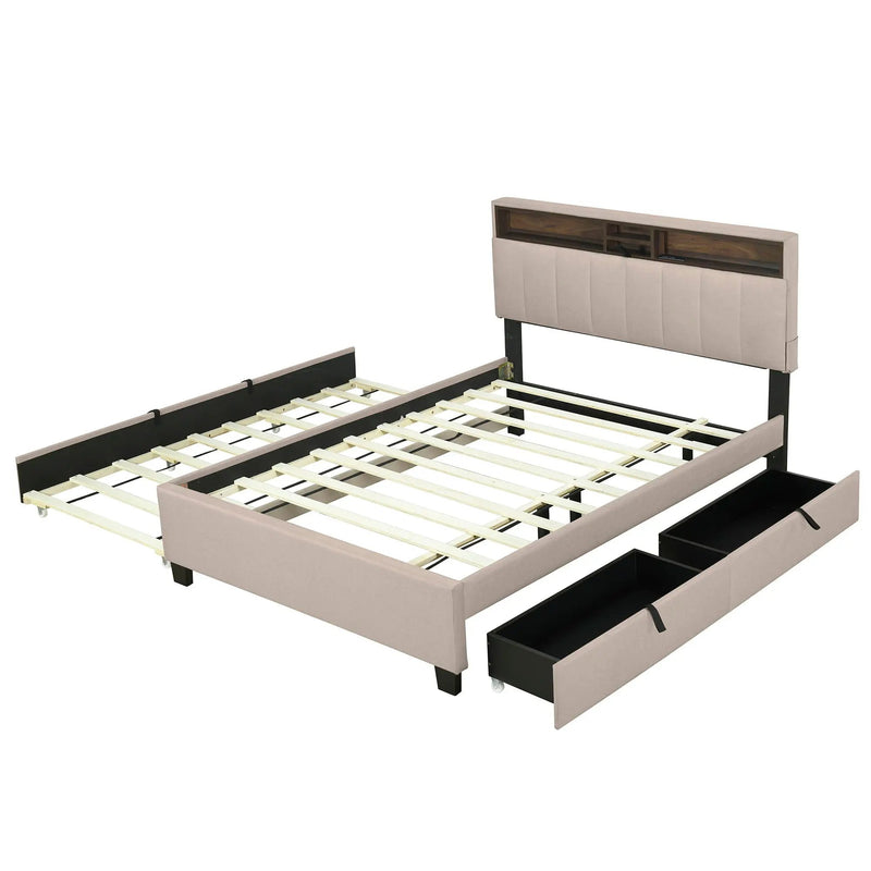 Upholstered Platform Bed With Storage Headboard, Trundle & 2 Drawers And A Set Of Sockets & USB Ports by HouseOfZazla