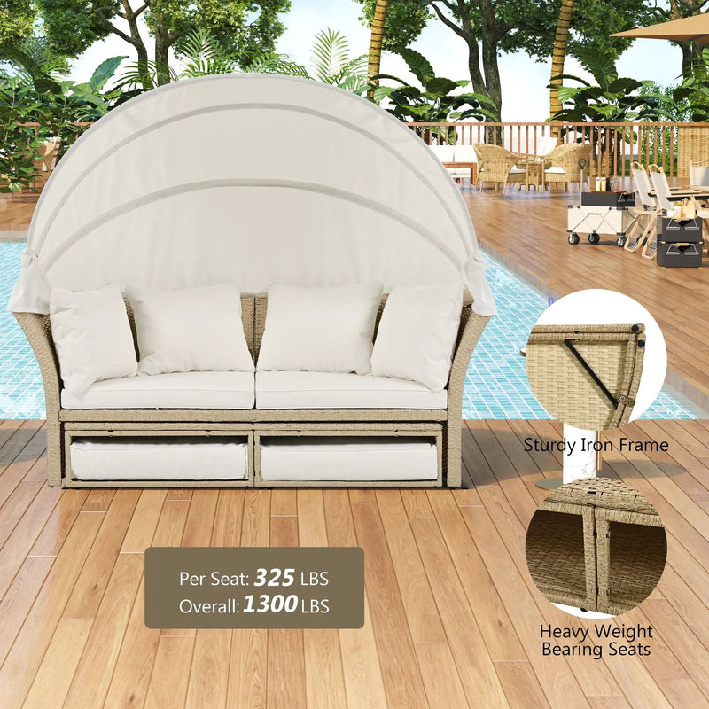Outdoor Patio Daybed Wicker Rattan Double Daybed Round Sofa Furniture Set With Retractable Canopy, 4 Pillows For Lawn Garden by Unique Piece Furniture