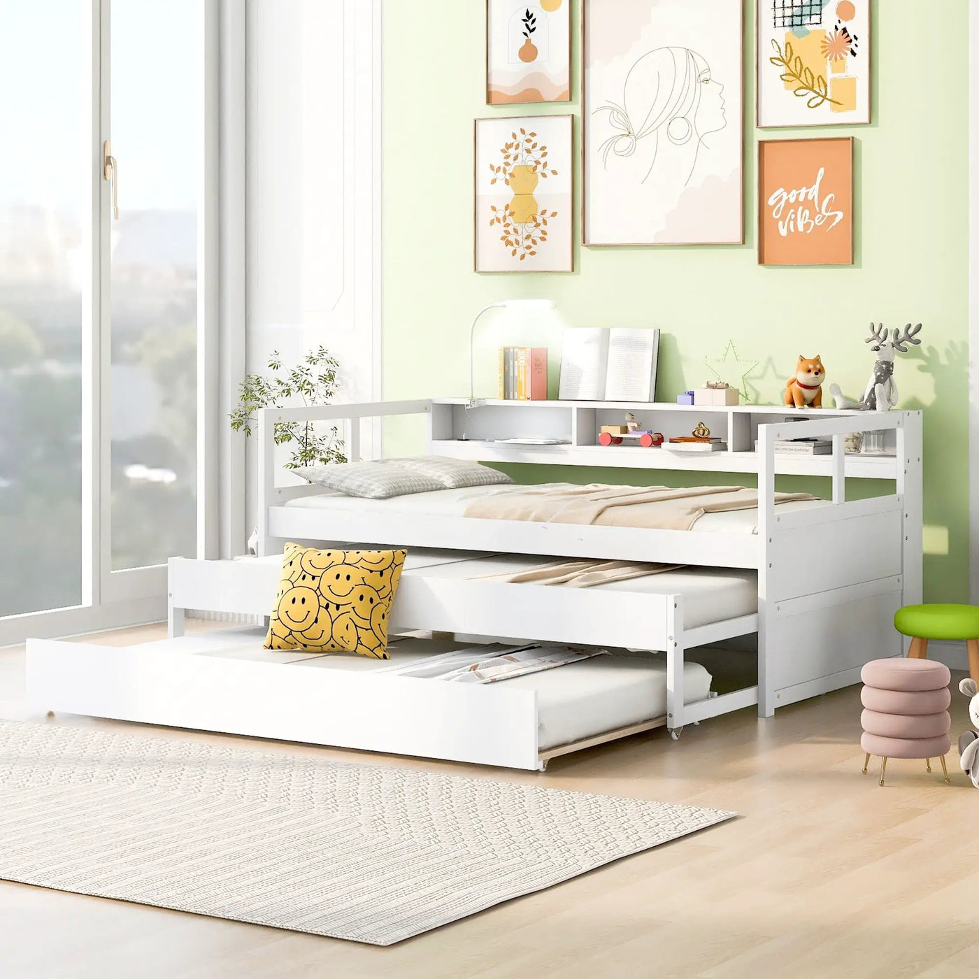 Daybed With 2 Trundles, 3 Storage Cubbies, Built In USB Charging Light by Unique Piece Furniture