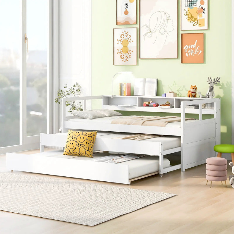 Daybed With 2 Trundles, 3 Storage Cubbies, Built In USB Charging Light by Unique Piece Furniture