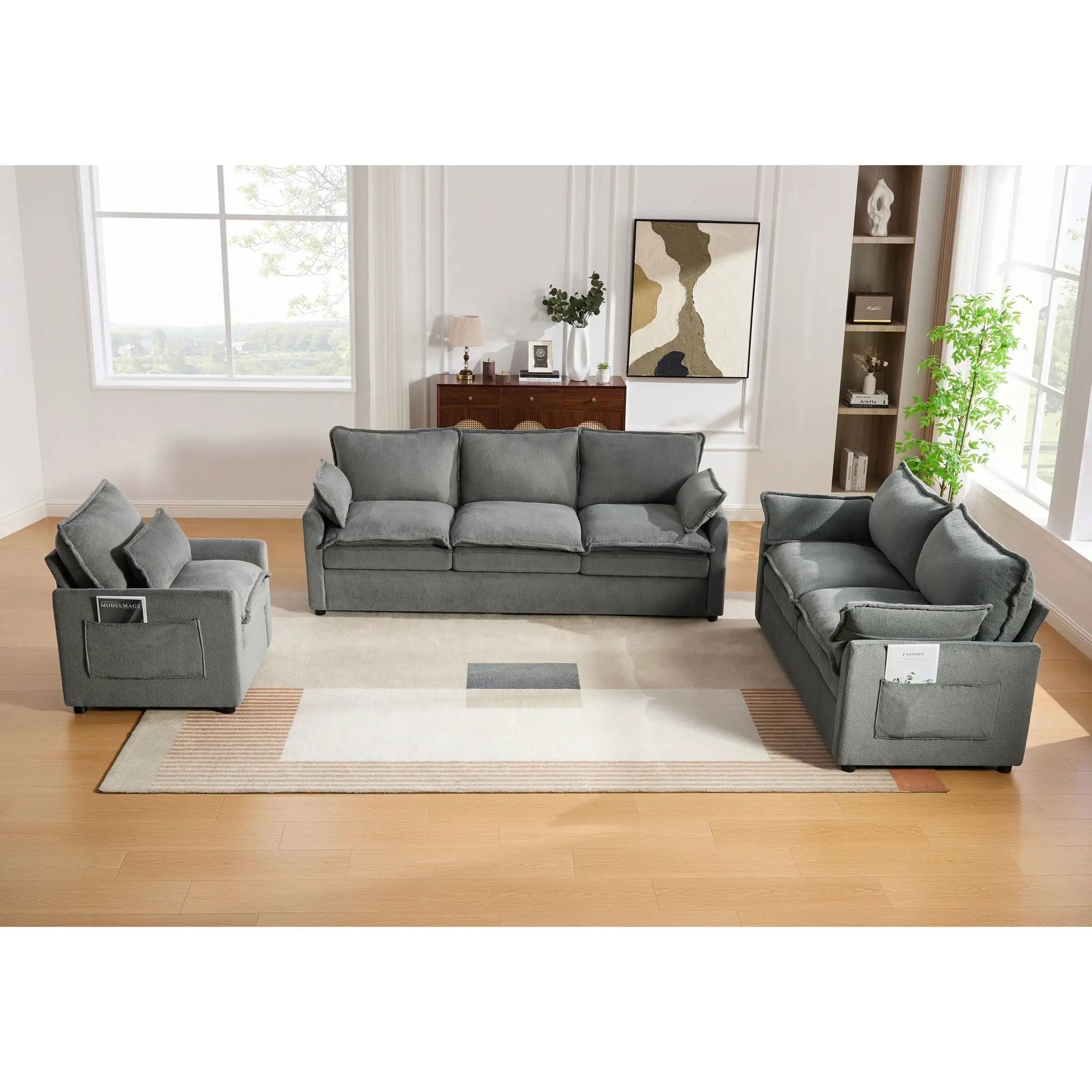 Modern Sofa Set With Double Layer Cushion And Side Storage Pockets by HouseOfZazla